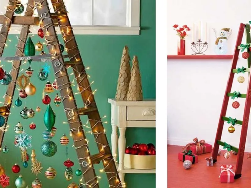La scala opportunamente decorata diventa un albero di Natale