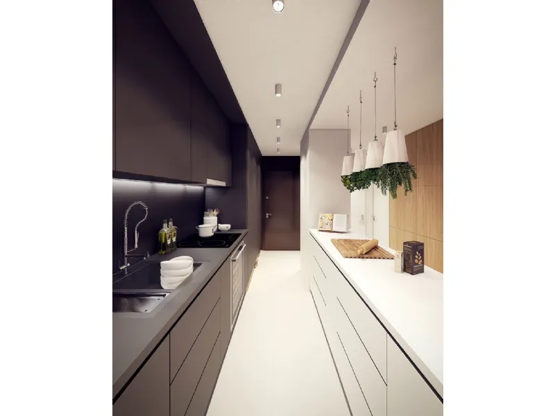 Contrasto di colori per i due lati della cucina lineare