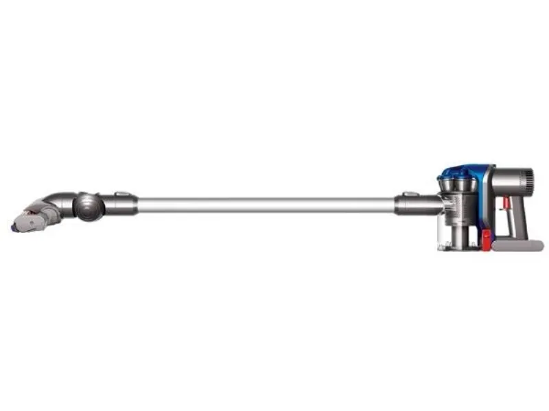 aspirapolvere portatile in alluminio con dettagli rossi e blu, orizzontale