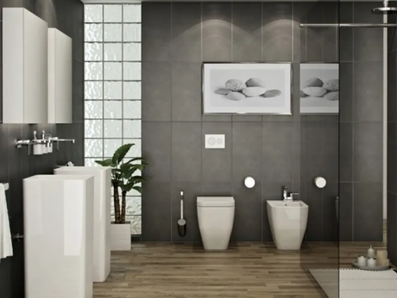 Bagno pareti grigie