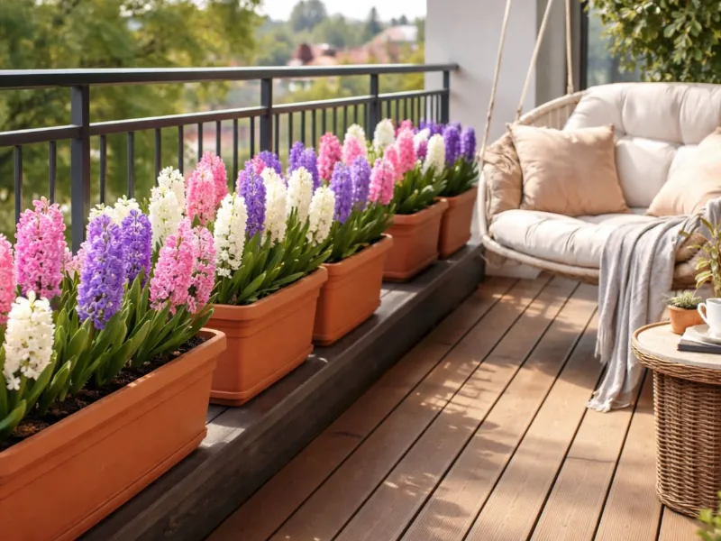 Giacinti sul balcone fiorito