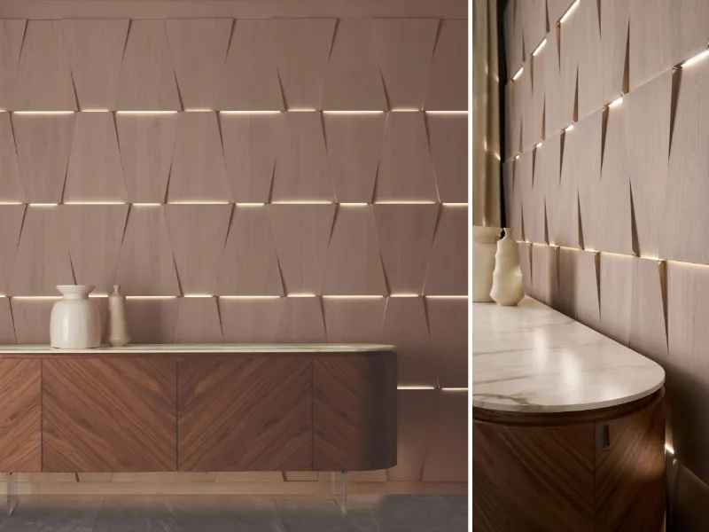 Modesign - Brera: boiserie in noce canaletto con illuminazione integrata 