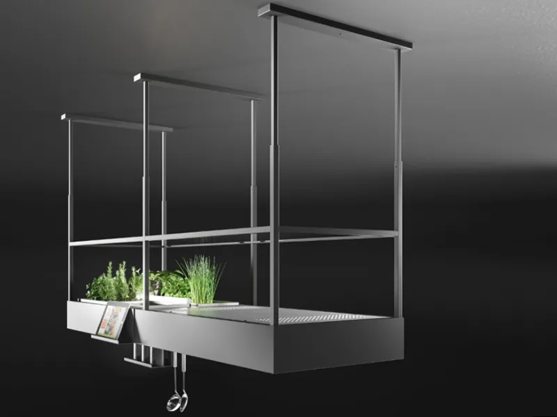 Cappa a carboni attivi ad isola in acciaio inox con illuminazione integrata, SPAZIO di Falmec