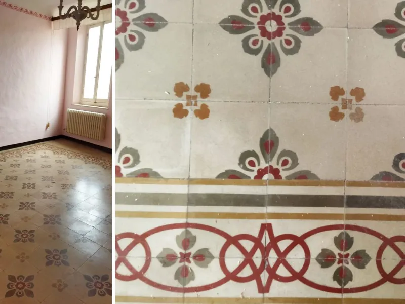 Pavimento con cementine originali anni 30 in casa d'epoca nelle Marche