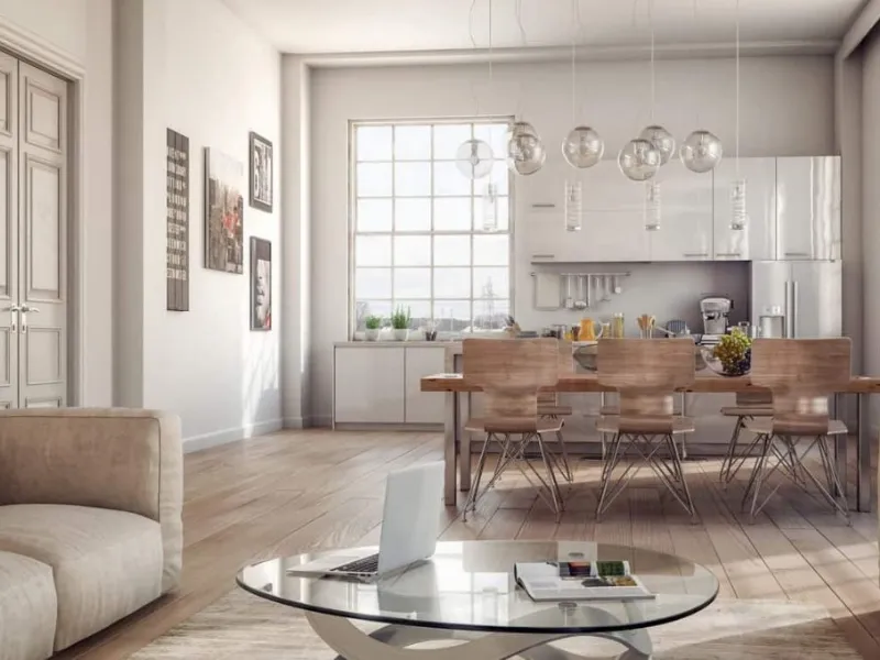 Cucina lineare a vista sul living