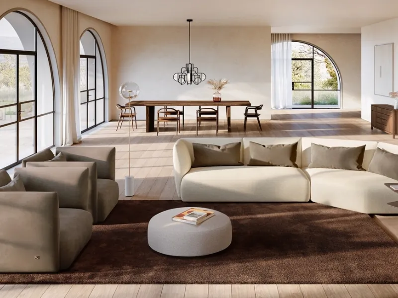 Toni delicati per il progetto living con al centro i divani modulari Lovely di Busnelli