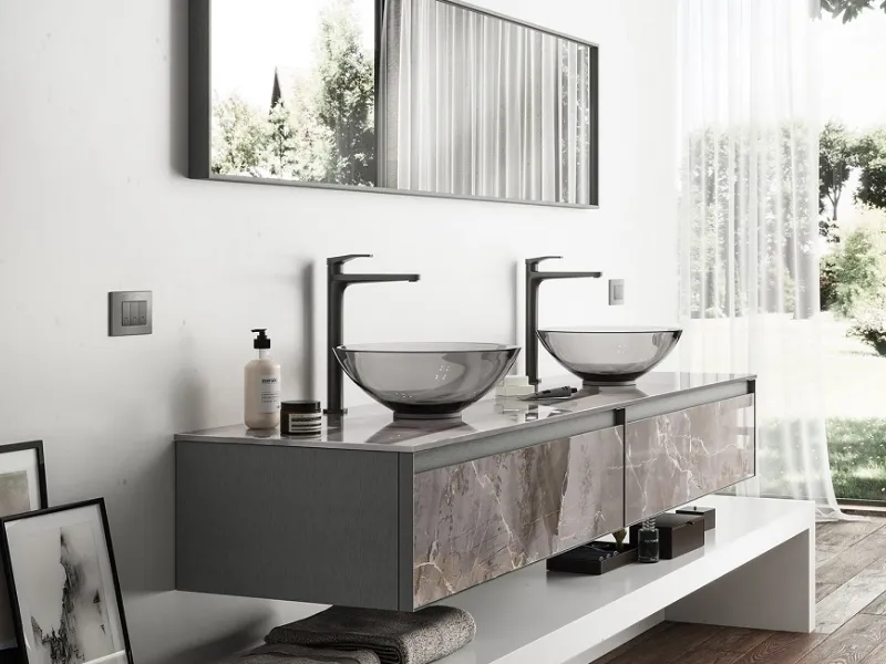 Grigio variegato e lavabo fumé in vetro temperato per +Skin Collection by Artelinea