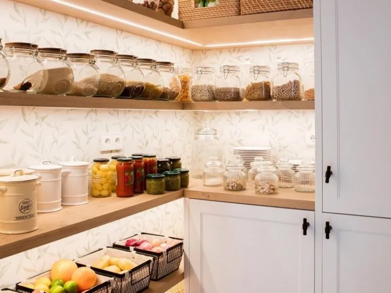Mensole ad angolo su parete in cucina