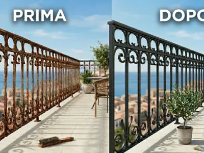 Ringhiera in ferro arrugginita, prima e dopo il restauro