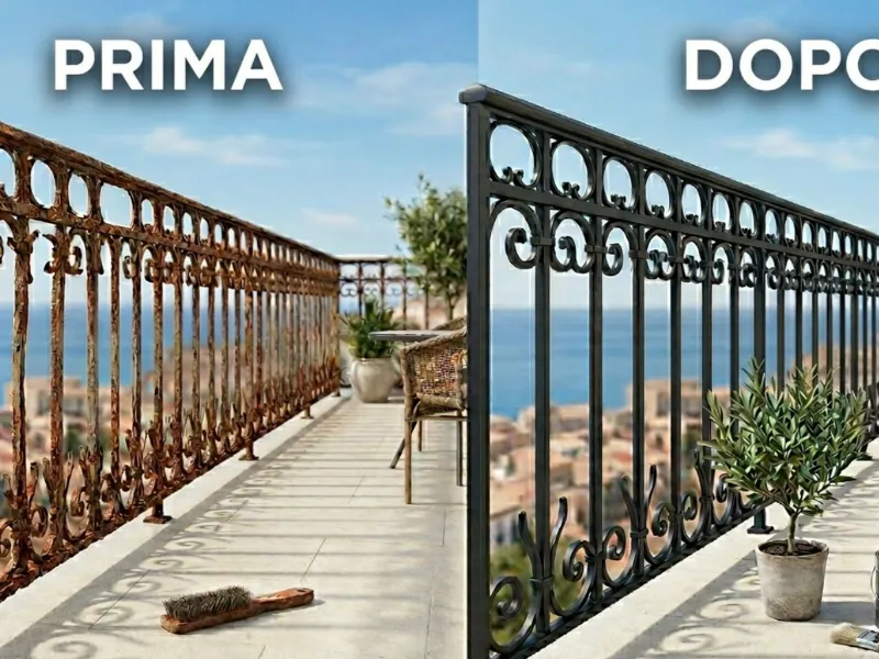 Ringhiera in ferro arrugginita, prima e dopo il restauro