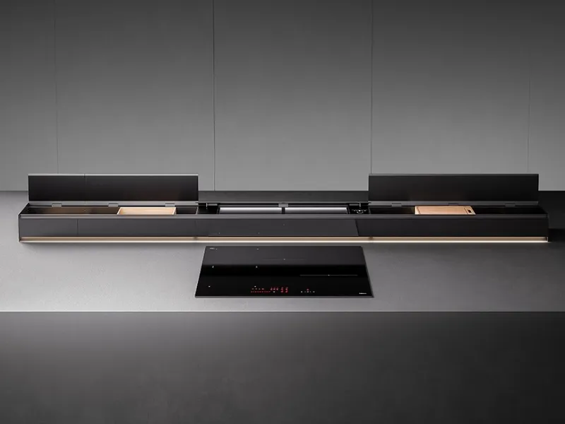 Monolith di Falmec, cappa aspirante con sistema di contenitori per la cucina integrato