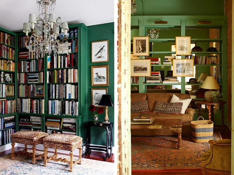 È il verde a dominare in queste due biblioteche domestiche