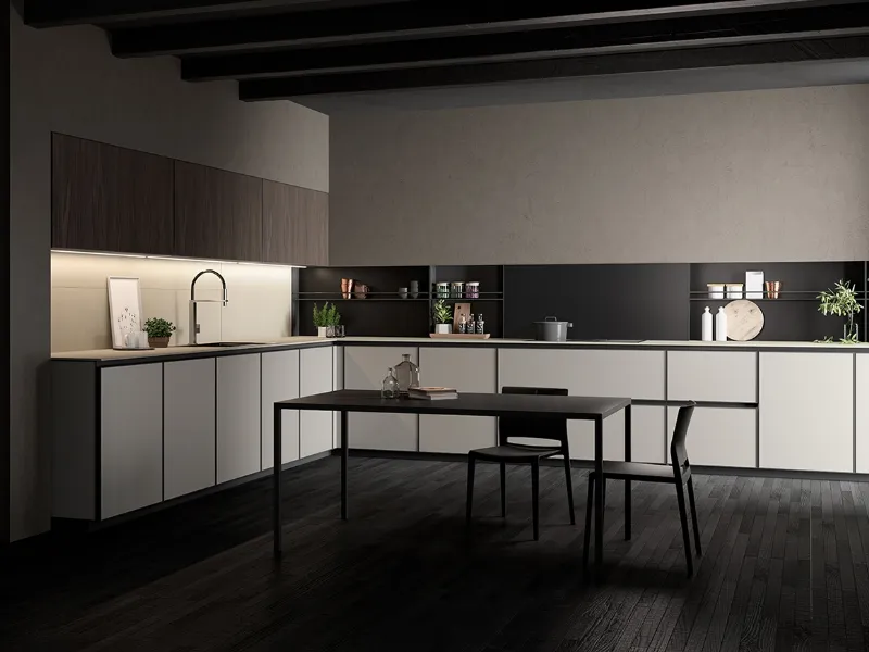 Ha una base angolo con cestelli estraibili la composizione Kronos di Arredo3 con ante in vetro