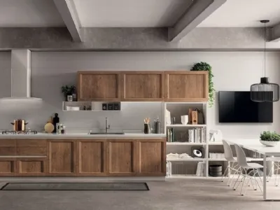 Composizione lineare Evolution by Scavolini, struttura in bianco e ante in decorativo rovere