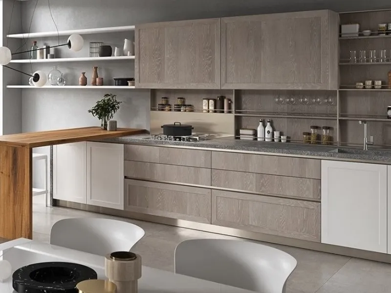 Bianco, rovere dust e quercia per la composizione Vita Bella di Aran Cucine