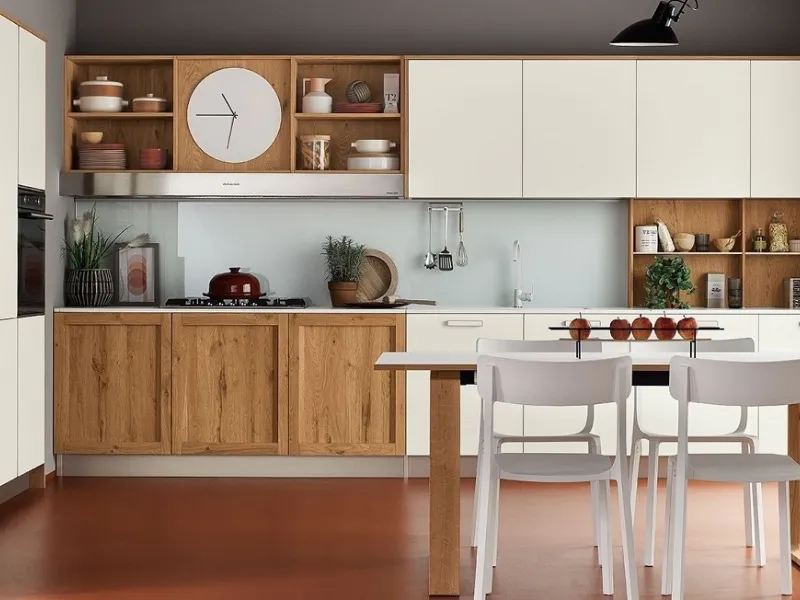 Bianco Bicocca e rovere nodoso chiaro per le composizioni Milano di Veneta Cucine