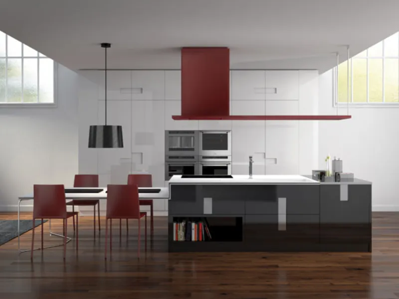 Cucina ampia e moderna bianca e rossa