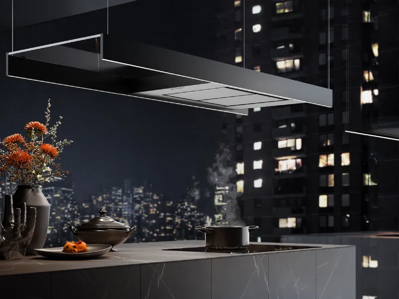 Light di Falmec, cappa aspirante a soffitto con illuminazione del piano di lavoro