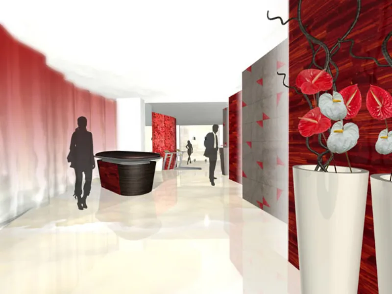 grafica 3D di ambiente business con pavimento color panna, pareti geometriche grigio e rosso, vaso con calle rosse e bianche in primo piano