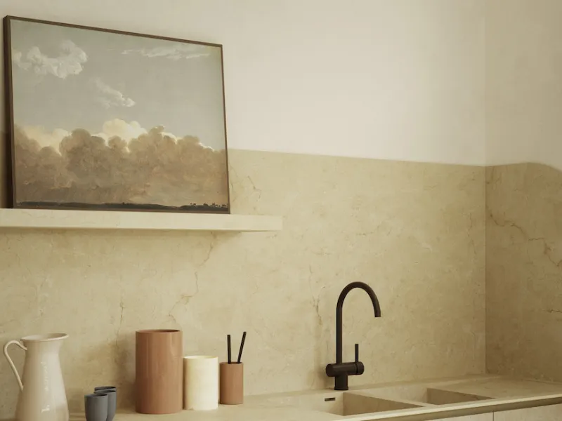 Mensola cucina realizzata con le grandi lastre in gres Marazzi The Top
