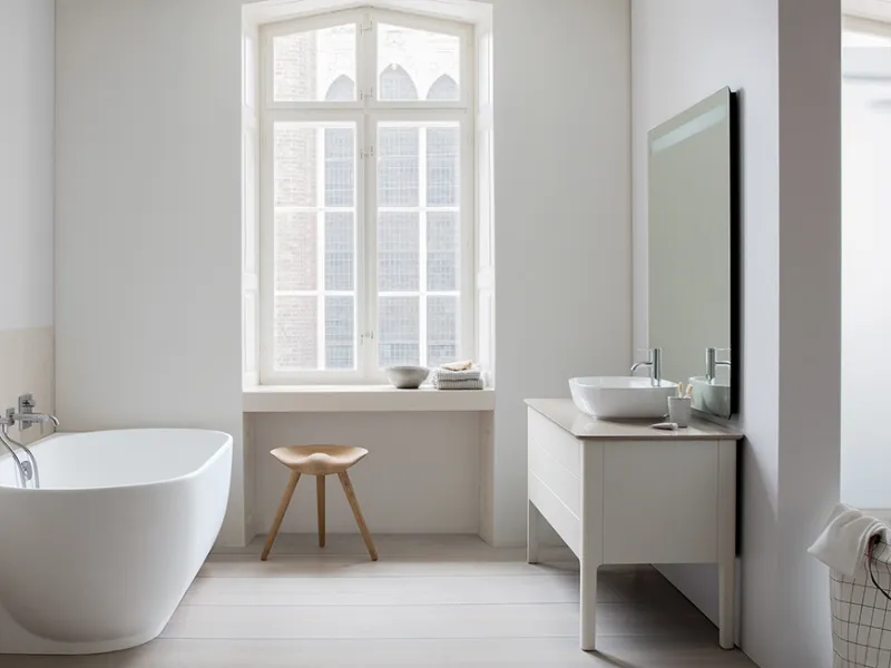 Serie Luv di Duravit. Bagno con vasca appoggiata al muro e console in legno con lavamani