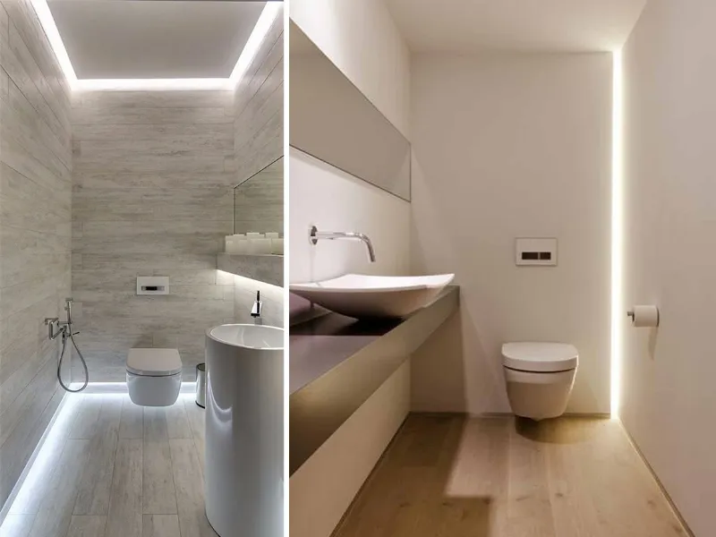 I tagli di luce con profili ad incasso sono ideali per illuminare un bagno piccolo