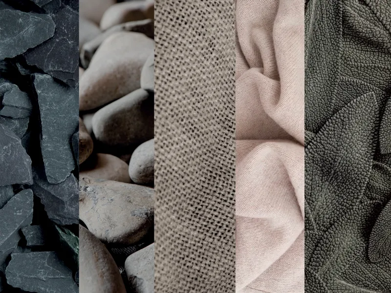 Le ispirazioni materiche dei 5 colori laccati: le pietre ardesia e basalto, i tessuti canapa e cashmere e le foglie di salvia
