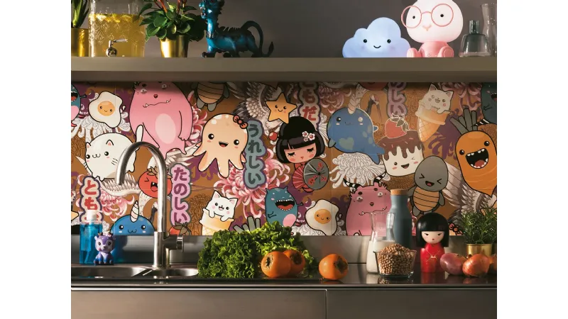 Kawaii è la carta da parati ceramica di Novoceram che si ispira ai divertenti e tipici disegni giapponesi