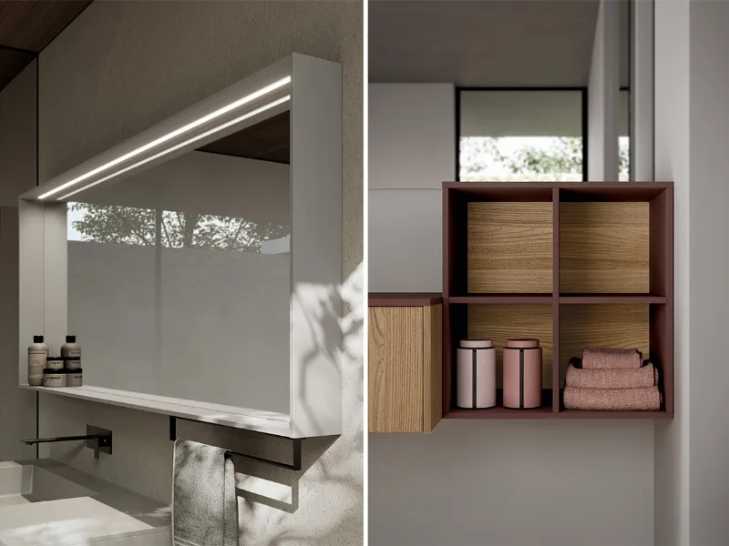 Dettagli e accessori in primo piano tra specchiere e piccoli contenitori dall'estetica pregiata (collezione Sense)