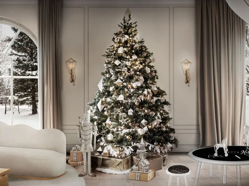 Protagonista del living Covet House l’albero bianco-oro-argento