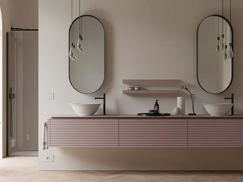 Laccato Noce Moscata opaco e lavabi in ceramica bianca opaco per il progetto Dolcevita