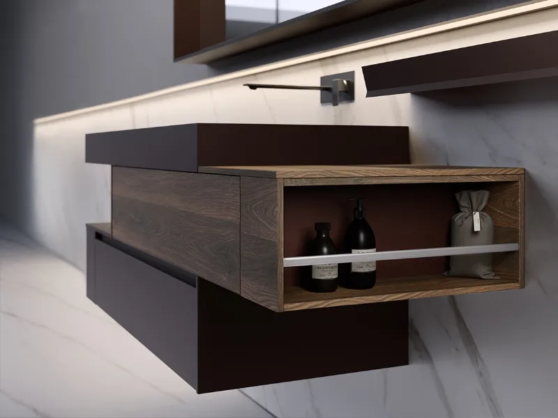 La base con terminale contenitivo è uno dei dettagli più innovativi di questa linea d'arredo bagno, disponibile in tutte le altezze e profondità