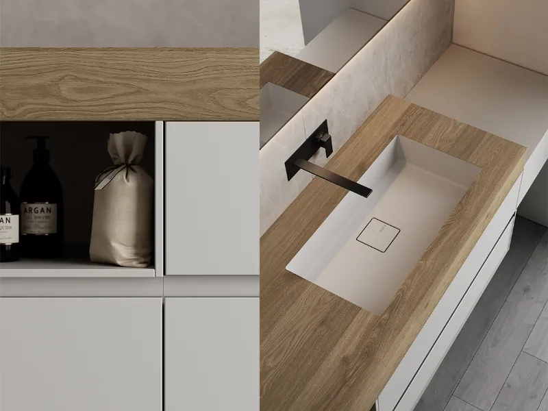 Piano in HPL con lavabo integrato in Mineralsolid in un mix bicolor minimal chic