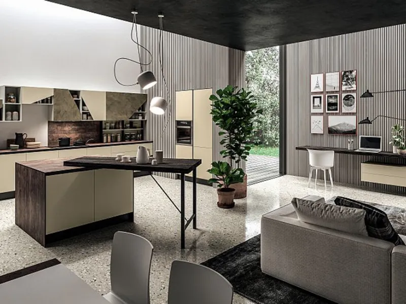 Mia di Aran Cucine. Cucina con living e zona home office integrata