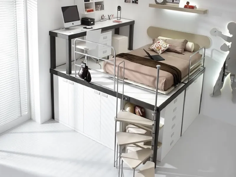 letto a soppalco con contenitori sottostanti