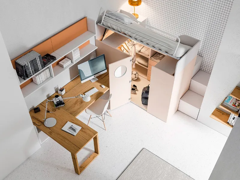 La struttura letto si solleva per accedere in modo confortevole all'interno dell'ampia cabina armadio
