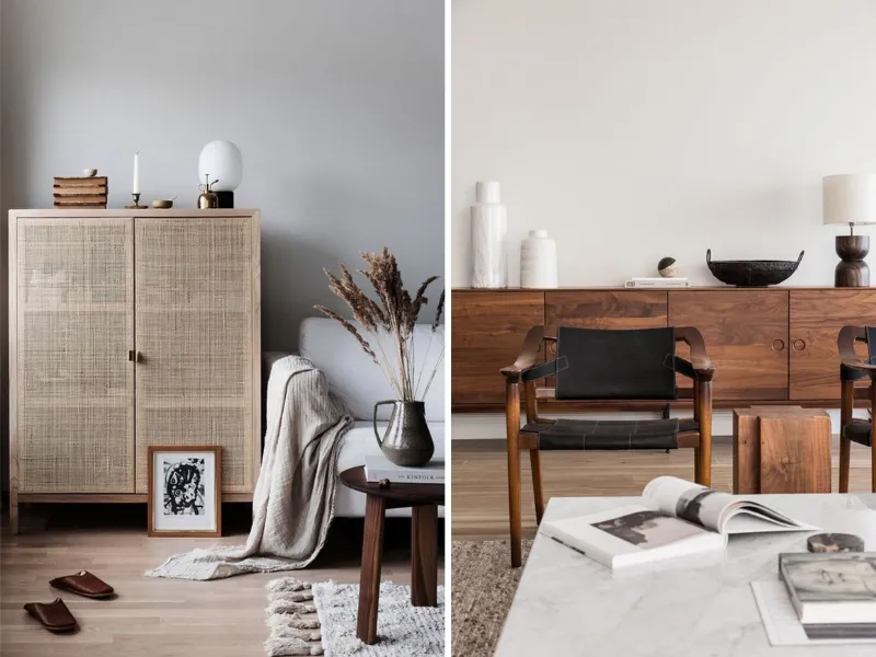 Mobili bassi, tappeti, ceramiche, uso del legno, della pelle e del tessuto per arredare in stile Japandi