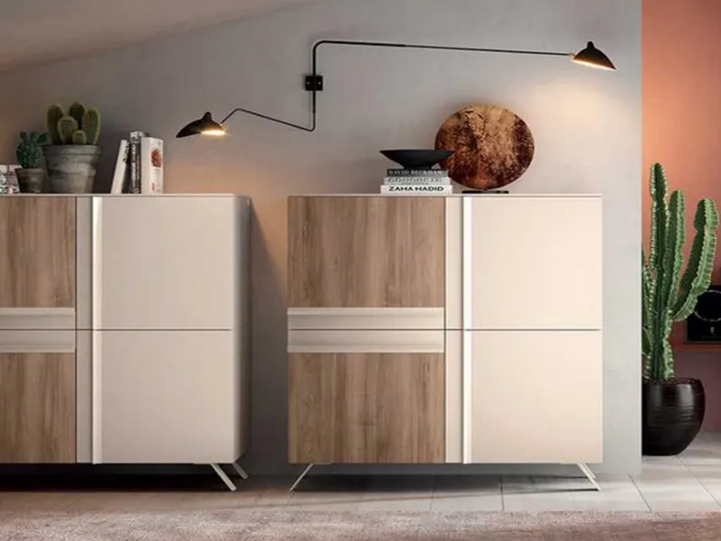 Madie alte gemelle con contrasto di finitura, legno rovere e laccato opaco bianco