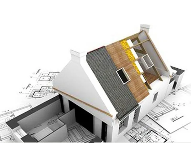 schema 3D di casa con schema costruttivo a strati del tetto spiovente, piantine a terra