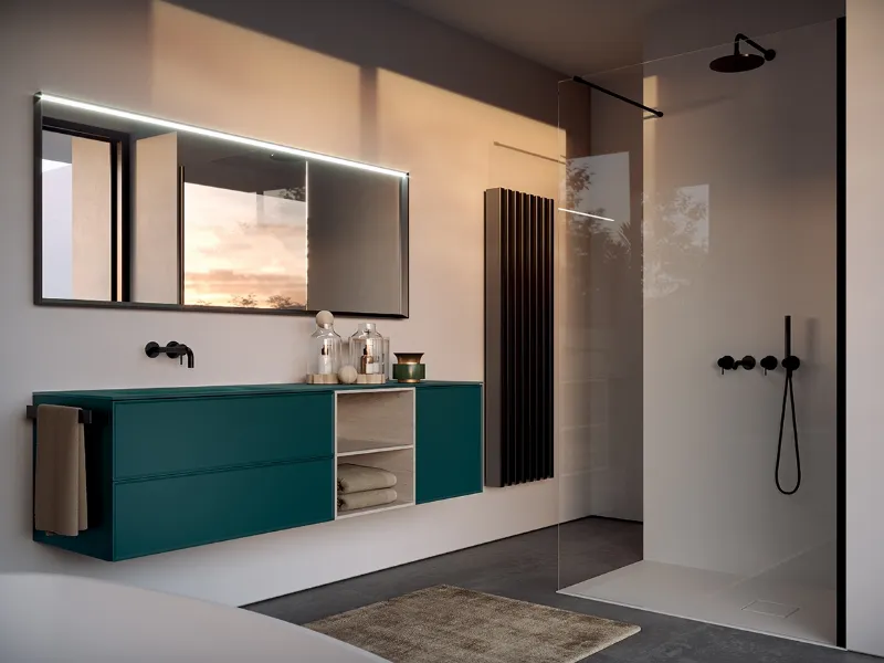 È di un bellissimo colore verde bluastro il mobile bagno laccato soft touch della linea Form