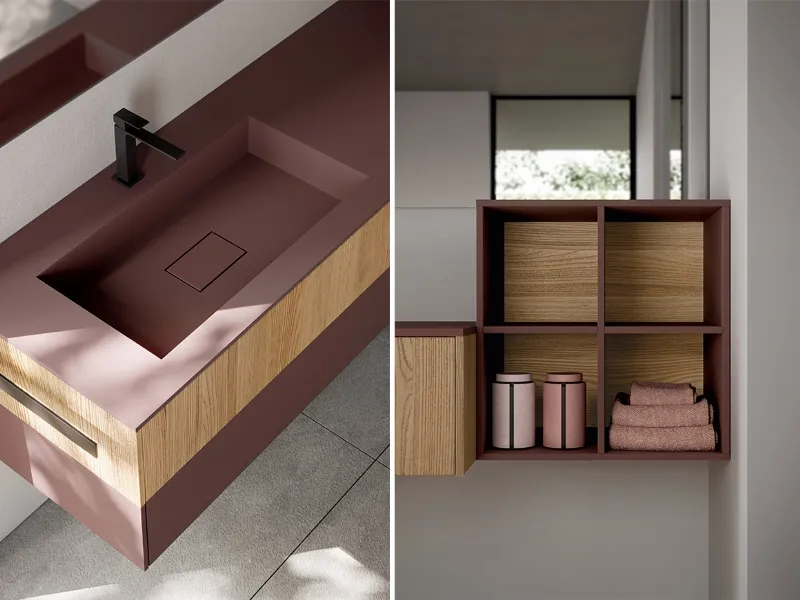 Sfumature calde e accoglienti e design attuale per la collezione Sense di Ideagroup (composizione in rosso Jaipur e Teak naturale)