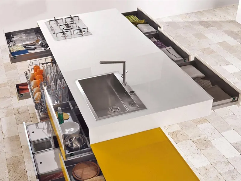 Esempio di disposizione cucina per aree tematiche, marca Lago