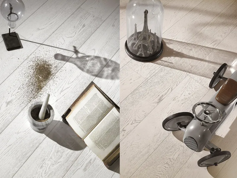 A destra il parquet Bianco + Bianco, a sinistra il rovere sbiancato Artico, entrambi di Original Parquet