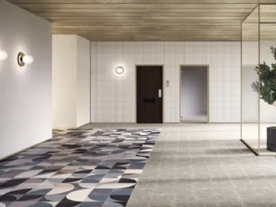 Piastrelle in grès colorate a composizione libera della collezione Monoscopio di Ceramica Bardelli