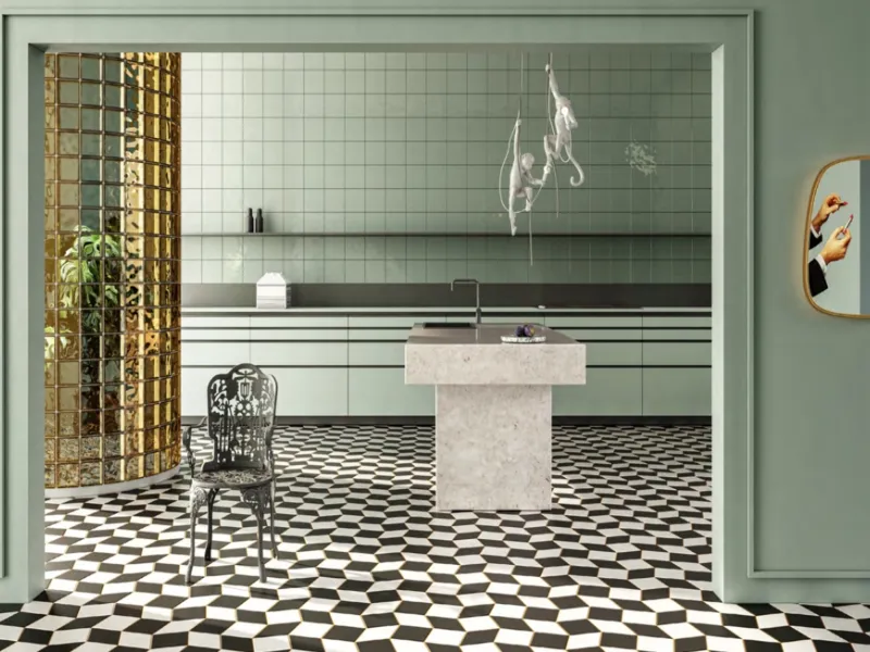 Piastrelle per pavimenti Distortion di Seletti per Ceramiche Bardelli con particolare composizione a scacchi