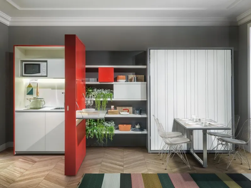 Tre sistemi in uno di Clei per la zona giorno: Penelope 2 Dining P.62,3, Kitchen Box e Living & Young System.