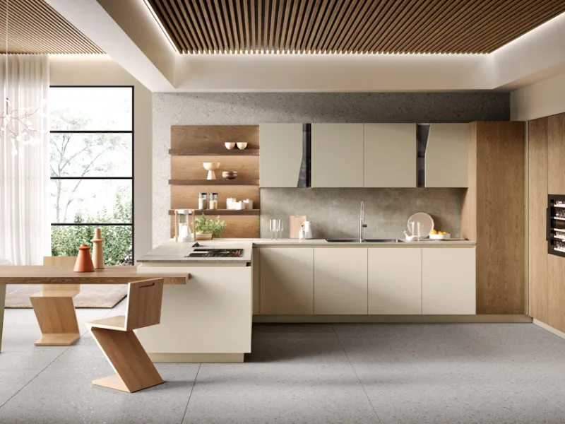 Venere 5, Cucina con penisola, tavolo integrato e colonna ad angolo lavanderia di Moretti Compact Cucine