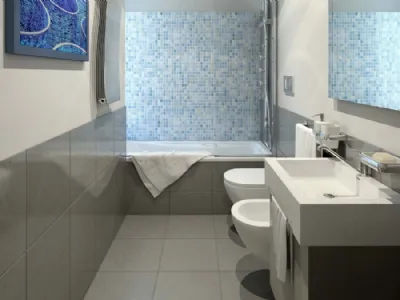 Bagno rettangolare con vasca in fondo