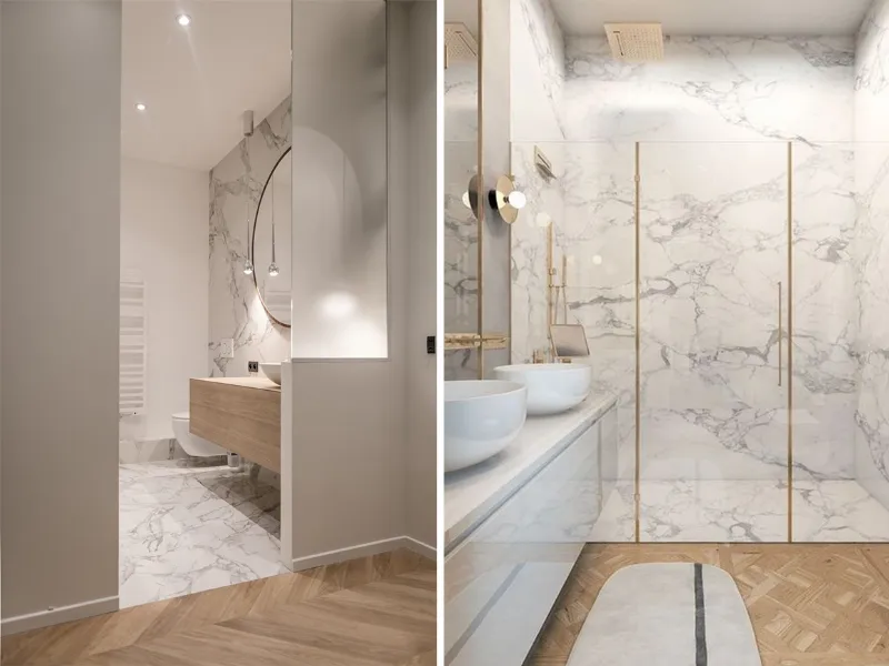 Marmo e legno, anche in bagno, per un'atmosfera chic e preziosa