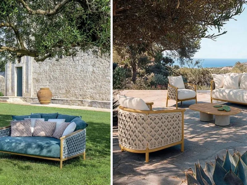 Collezione Patio di Ethimo, legno di teak e corda nautica